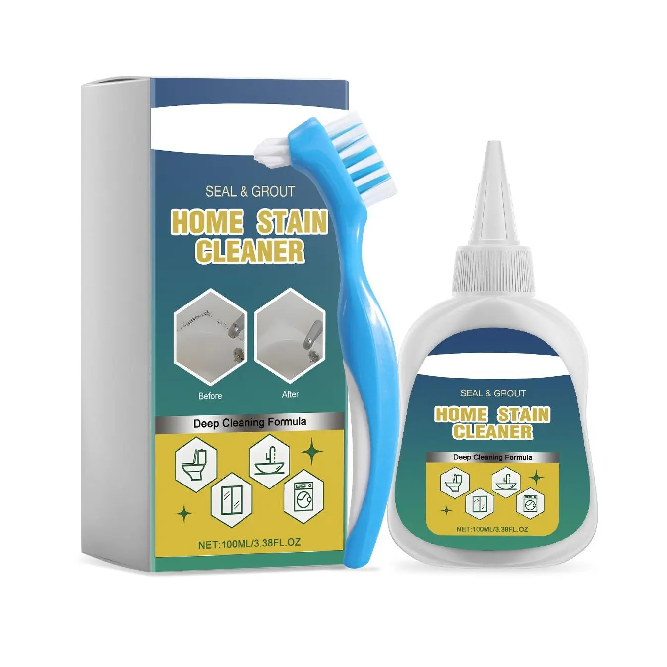 Home Stain Remover Gel Cleaner with Cleaning Brush, Heavy Duty Deep Cleaning Black Surface Stain Cleaner for Washing Machine, Bathroom Grout, Shower, Bathtub, Tile, Fridge Rubber, Kitchen Sinks, 7 oz
