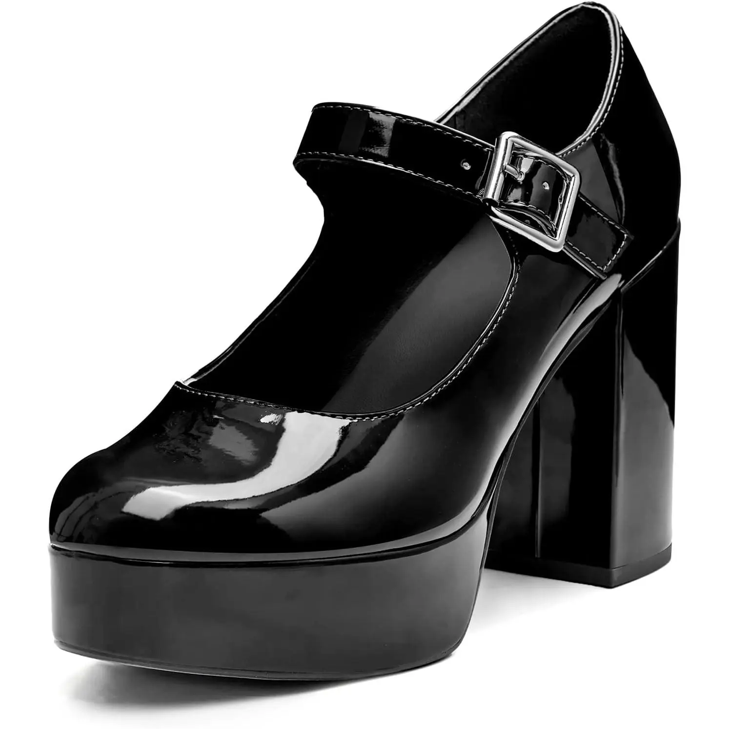 Coutgo Womens' T-Strap Round Toe Chunky Platform Heels Patent Mary Jane Dress Shoes Elegant Footwear tiktokshopbacktoschool