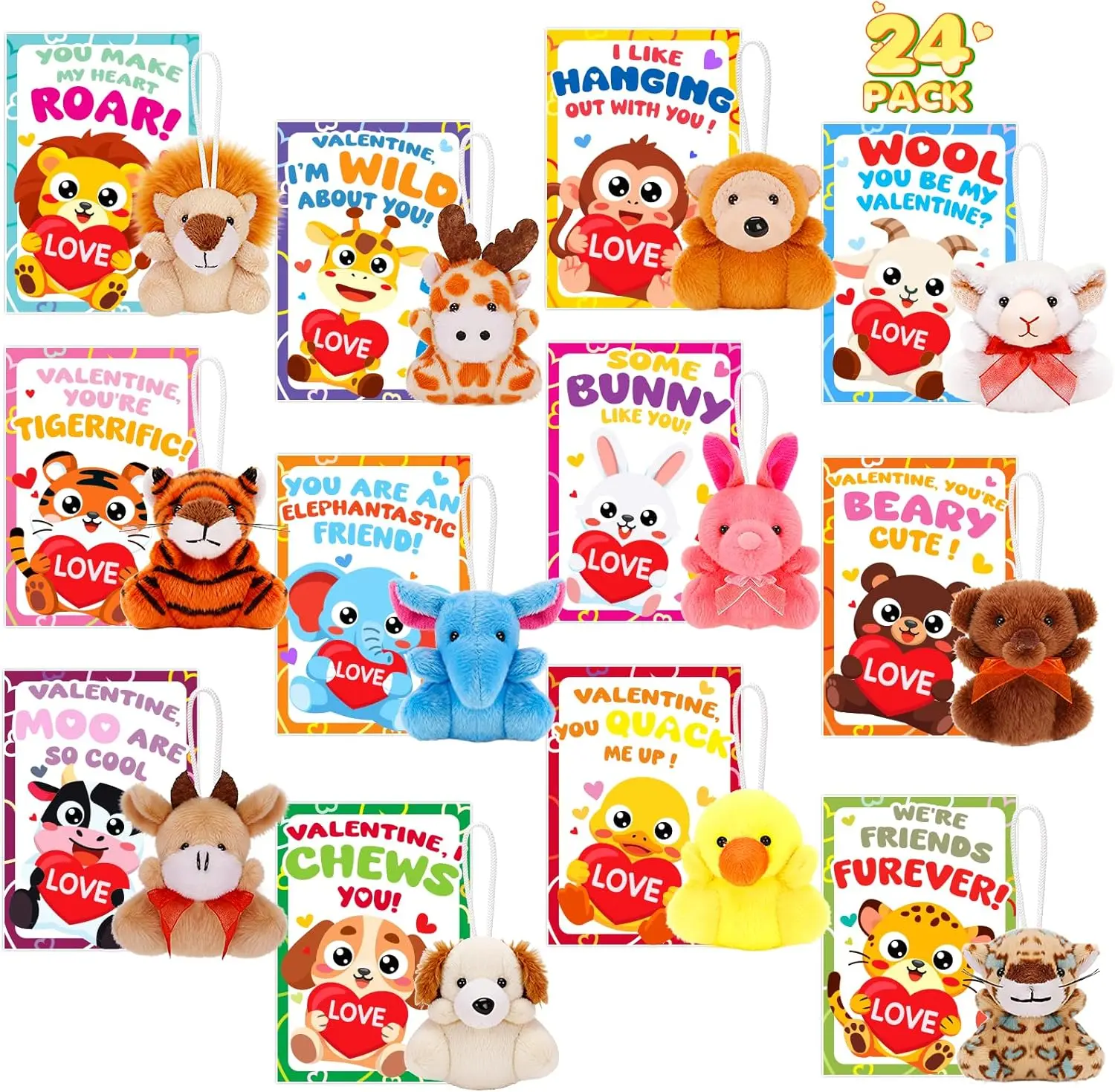 24 Pack Kids Valentine’s Day Cards with Plush Animal Keychains – Cute Toy Gifts for Boys & Girls, Classroom School Exchange, Valentine Party Favors & Prizes