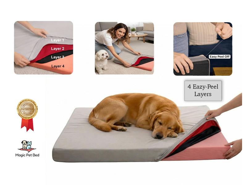 MagicPetBed™ Solid Color 4-in-1 Patented Pet Bed with Waterproof Layers No Washing Needed Soft Memory Foam Mattress for Comfort