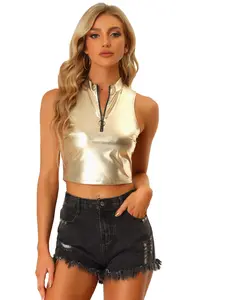 INSPIRE CHIC Metallic Crop Mock Neck Zip Up Shiny Holographic Tank Top