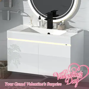 【Your Grand Valentine‘s Surprise】AHB 30 inch Bathroom Vanity W/Sink Combo, High Gloss Bathroom Cabinet, Smart Wall Mounted Sink Cabinet Auto Motion Sensor LED Light, Modern Floating Vanity with Faucet
