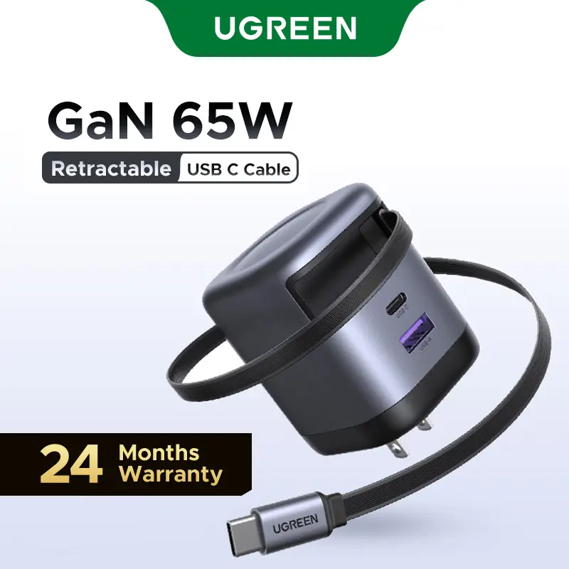 UGREEN Nexode 65W Charger with Retractable USB-C Cable International Warranty Smart Power Allocation 8-Safeguard Protection for Apple Android Devices,DealsForYouDays tiktokshopbacktoschool
