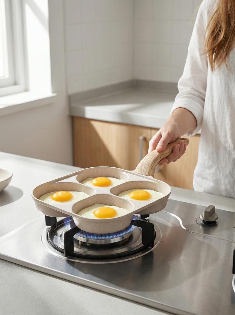 Non-stick 4-Hole Egg Frying Pan with Wooden Handle Granite-Style Breakfast Skillet for Eggs Omelets Toast Pancakes & Crepes Easy-Clean Multifunctional Kitchen Gadget Compact Gift Idea Cookware Aluminium