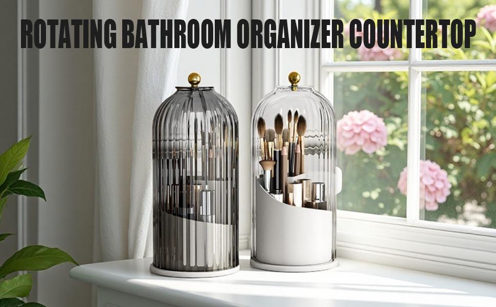 TikTok Viral Bathroom Organizer with Sliding Lid Christmas Gift Idea, Rotating Toothbrush Holder with Sliding Lid 3 Slots, Bathroom Counter Organizer for Makeup Brushes and Toothbrush, No-Drill Bathroom Storage, Water-Resistant Organizer, Home Must-Have