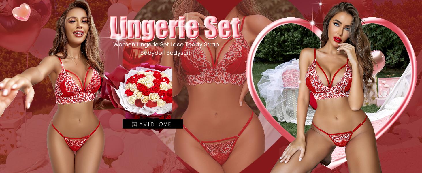 Avidlove Womens Lingerie 2 Piece Lace V Neck Bra and Panty Sets