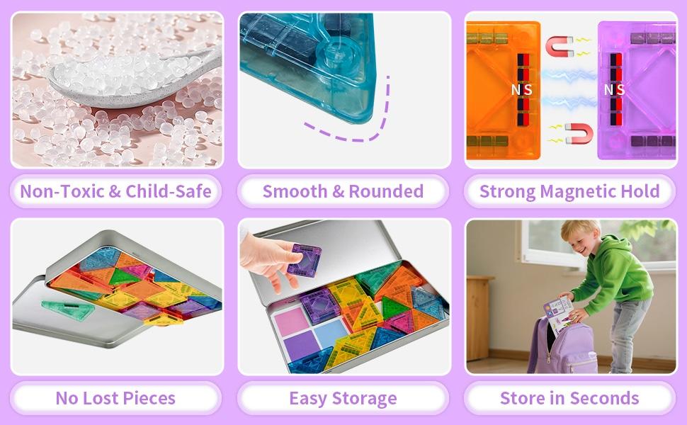 Hotfree Mini Magnetic Tiles Building Blocks 40PCS - Montessori Educational Magnet Travel Construction Set with Iron Storage Box, Airplane Activities Toys, STEM Toddler Birthday Christmas Gift for Boys & Girls Ages 3-8, Easter Basket Stuffers