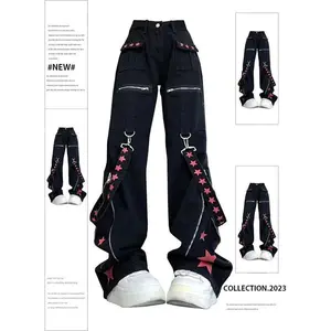 Women Black Gothic Baggy Cargo Jeans Harajuku Vintage Y2k Denim Trousers Cowboy Pants 90s Aesthetic Trashy Emo 2000s Clothes New