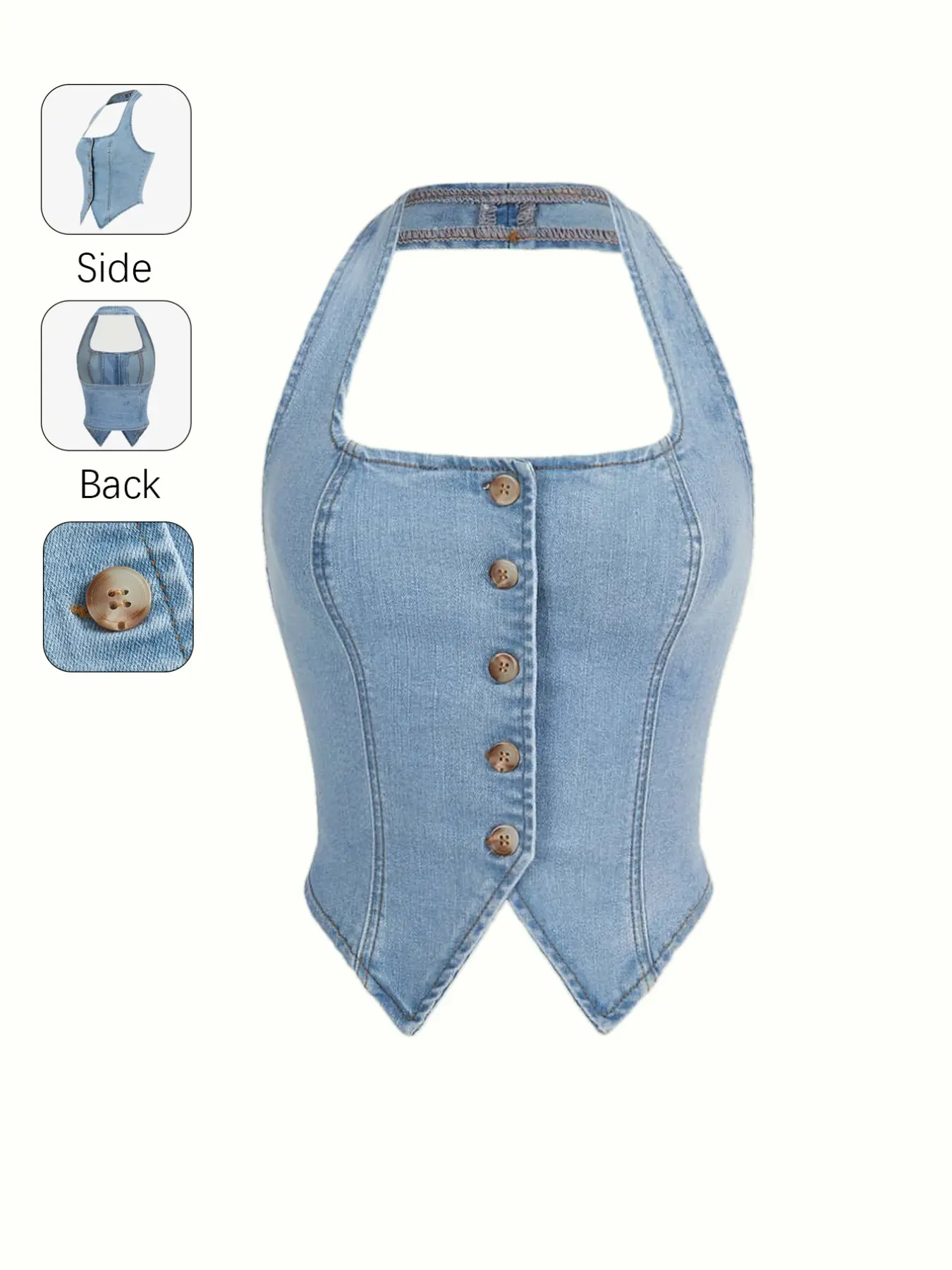 Women's Elegant Chic Fit Light Wash Denim Halter Neck Top, Front Button Waist Cinch Ruched Back Tank, Summer Crop Top, Light Blue Short Sleeveless Casual Fabric
