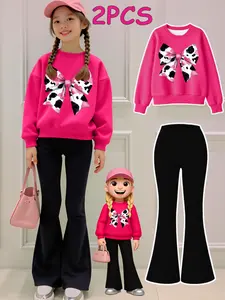 2PCS Autumn Winter Tween Girls Clothes Sweatshirt Set  Pink Cow Print Bow Pattern Print Girl Clothes Long Sleeved Round Neck Sweatshirt  Bell Bottom Pants Set Perfect For Outdoor  Kids Clothes