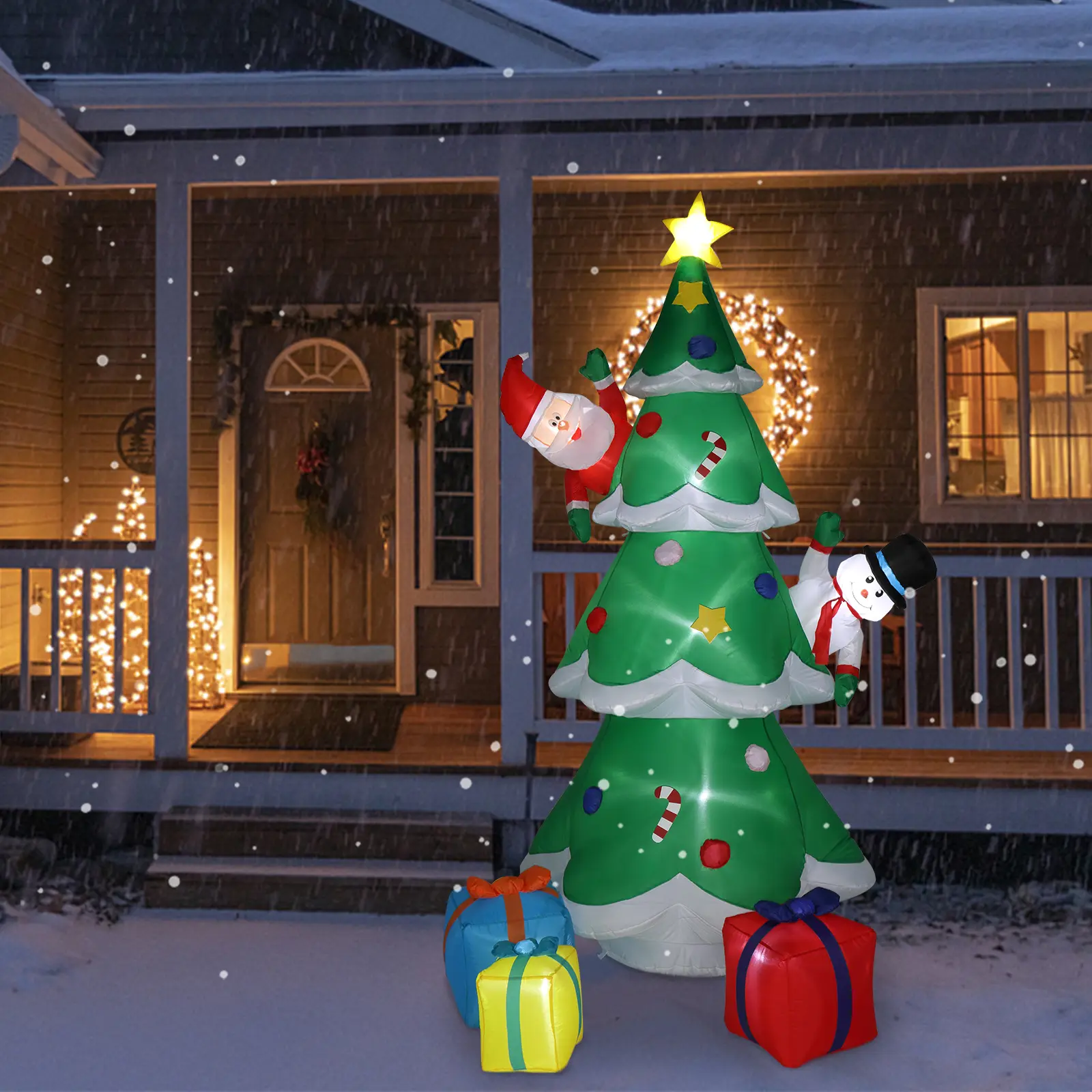 Ubesgoo 8FT Plastic Inflatable Christmas Tree Yard Decoration with Santa & Snowman, 3 Gift Boxes, 8 LED Strings, 12V 1500mA US Plug, 8Ft With Santa & Snowman