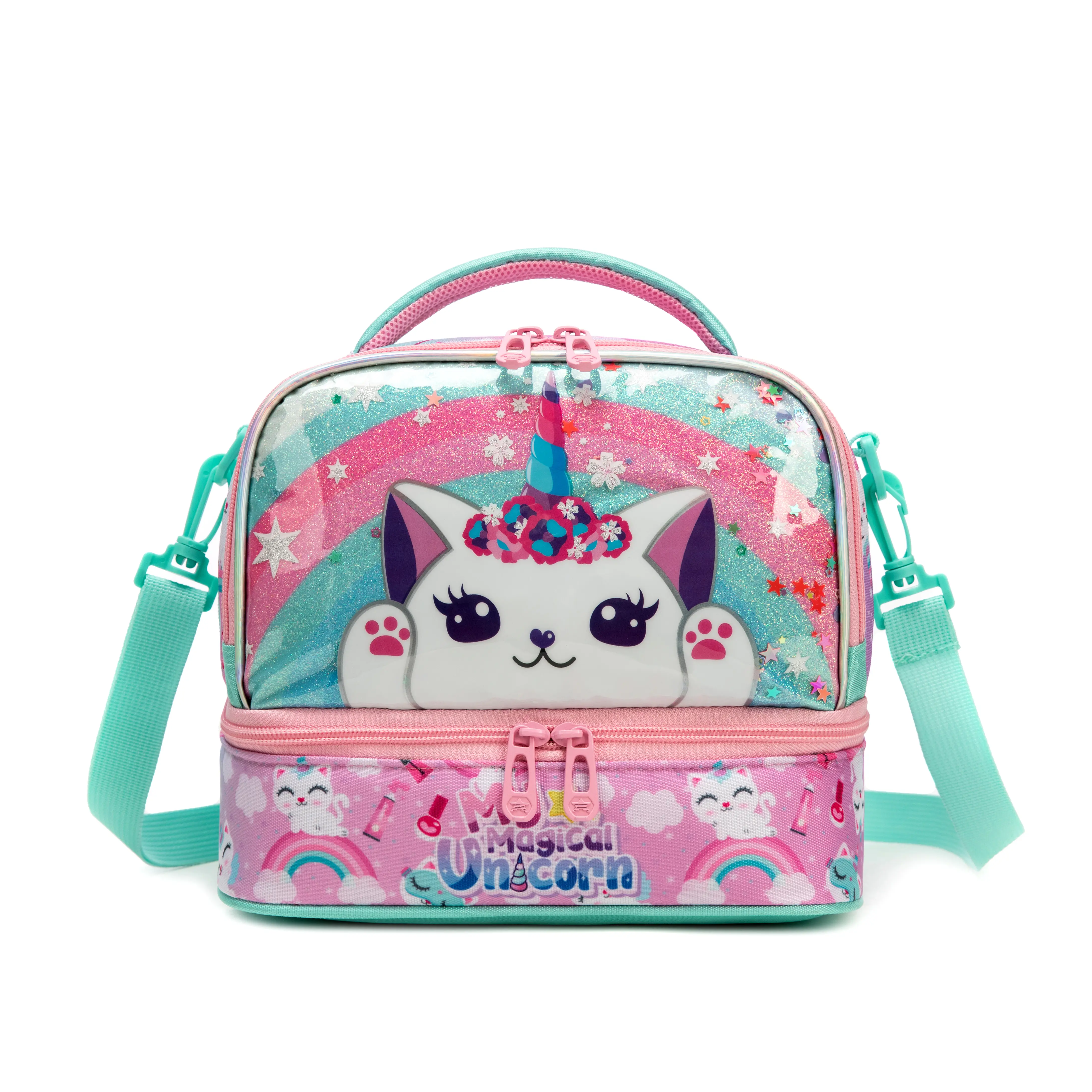 Girls' Cute Cartoon Crossbody Bag, Chic Pink Polyester Purse with an Adjustable Strap, Rainbow Unicorn & Cat Graphic for School