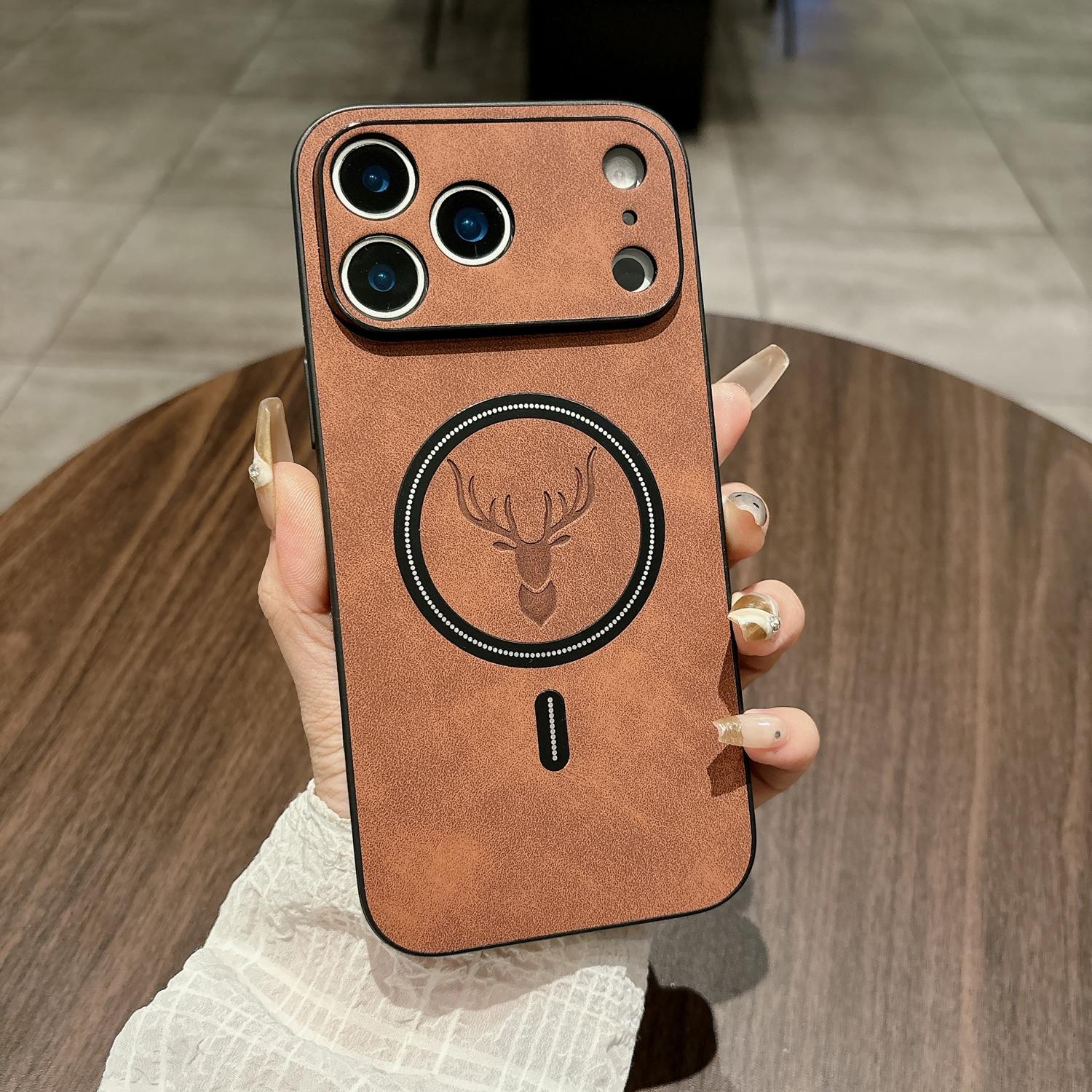 Case for iPhone 17 Pro Max 16 15 14 13 12 11, Compatible with Magsafe, Magnetic PU Leather Deer Pattern, Non-Slip Frame, Camera Protection, Soft TPU Shock Absorption Military Grade Drop Shockproof Cover