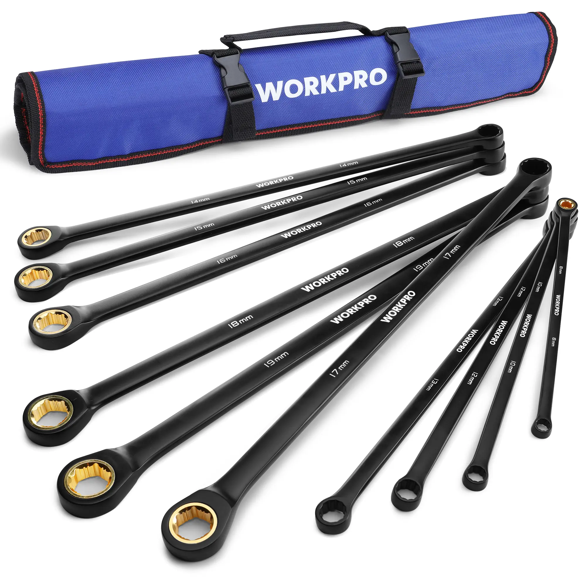 #fathersdaygift WORKPRO Extra Long Ratcheting Wrench Set, Anti-Slip Double Box Wrenches Set, 72-Teeth, Cr-V Steel and Black Electrophoretic Coating Wrenches with Rolling Pouch