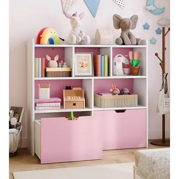 Pink Toy Storage Organizer Cabinet - Kids' Bookshelf, Indoor Furniture for Toddler Nursery Bedroom