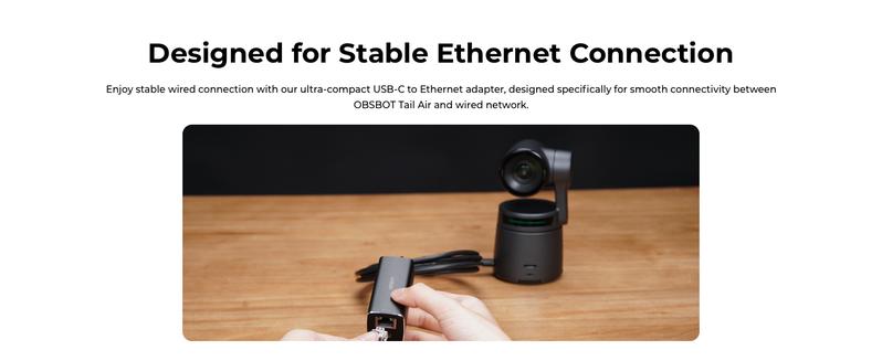 OBSBOT USB-C to Ethernet Adapter, 10 100 Mbps, Power Over Ethernet (PoE) Support, Dual Ethernet and USB-C Interface, Compatible Tail Air, MacBook, PC, etc.