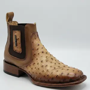 Mens Short Ostrich Print Western Boots Square Toe