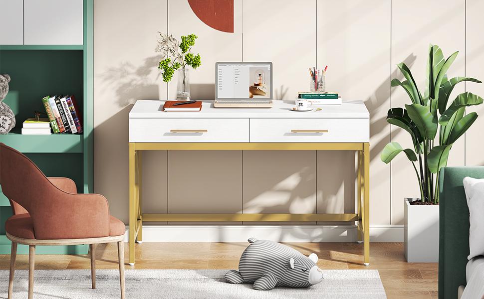 【BTS ONLY】Tribesigns 41" Computer Desk with 2 Drawers, Modern Study Writing Desk with Metal Frame for Home Office, Bedroom, White & Gold