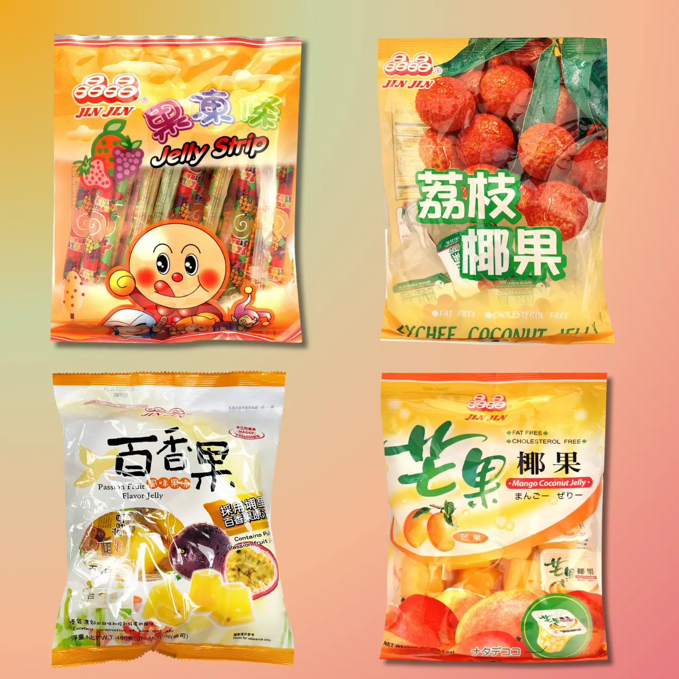 JINJIN Assortment Set Sugar-Based Colored Gummy Custard Puddings & Jelly - Convenient Strips or Cups, 400g Ambient Low Sodium, 5 Flavors (Lychee, Strawberry, Grape, Mango, Passionfruit) Fun Treat Snacks for Adults, Chewy Texture