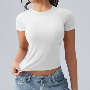 OYV Womens  Basic Round Neck Short Sleeve Crop Tops Cute Summer Tops Slim Fit Tees
