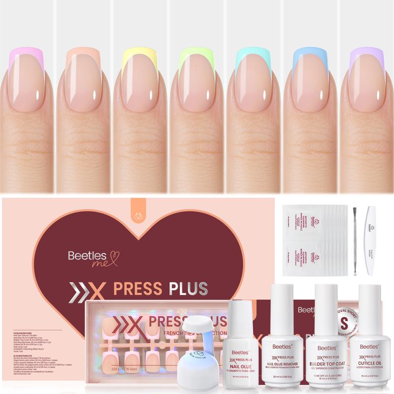Beetles X PRESS PLUS French Tips Press on Nails Kit – 224Pcs Spring Pastel Soft Nail Gel Tips in 16 Sizes, Salon-Quality DIY Manicure in 15 Mins for Women