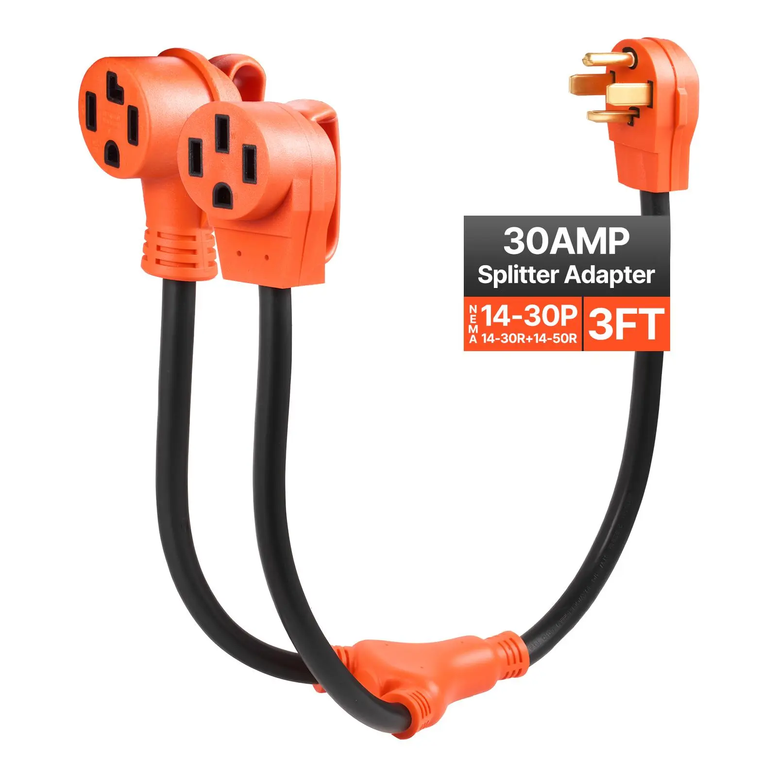 【summerfinds】VEVOR Y Splitter Adapter, 30 Amp, 4 Prong Outlet 240 Volt Dryer to EV Charger Adapter, NEMA 14-30P to 14-30R/14-50R, with Grip Handle, Heavy Duty 10 AWG STW Wire, for EV Charger Dryer RV