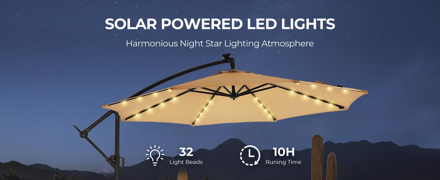 [With Base] 10ft Offset Outdoor Patio Umbrella with Base & Solar Light, Easy Tilt & Crank, Adjustable UPF 50+ UV Protection for Garden, Backyard & Poolside