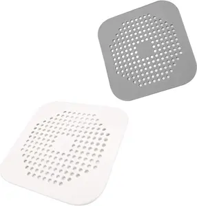 Square Drain Cover for Shower 5.7-inch TPR Drain Hair Catcher Flat Silicone Plug for Bathroom and Kitchen Grey/White Filter Shower Drain Protection Flat Strainer Stopper with Suction Cups (Grey+White)