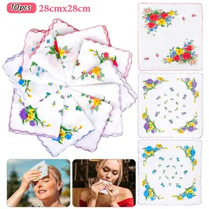 10Pcs Vintage Cotton Ladies Handkerchiefs - 11Inch Floral Print Hankies for Women,Portable Square Hanky,Wavy Edge Pocket Tissue  for Wedding Party Gifts