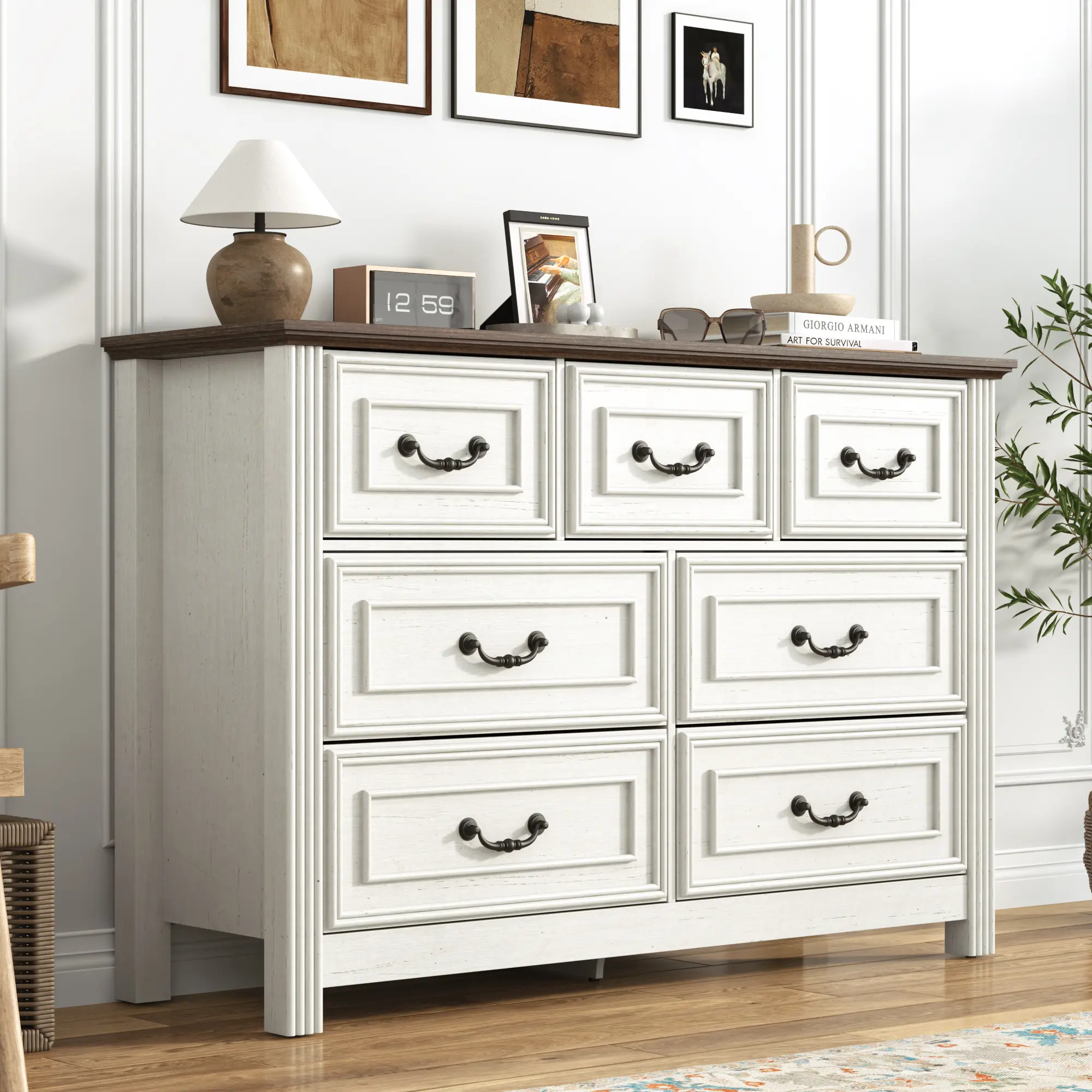 7-Drawer Farmhouse Dresser with Vintage Details - Rustic Wood Drawers Chest for Bedroom, Living Room, Multiple Storage Drawers, Cupboards Cabinets Dresser