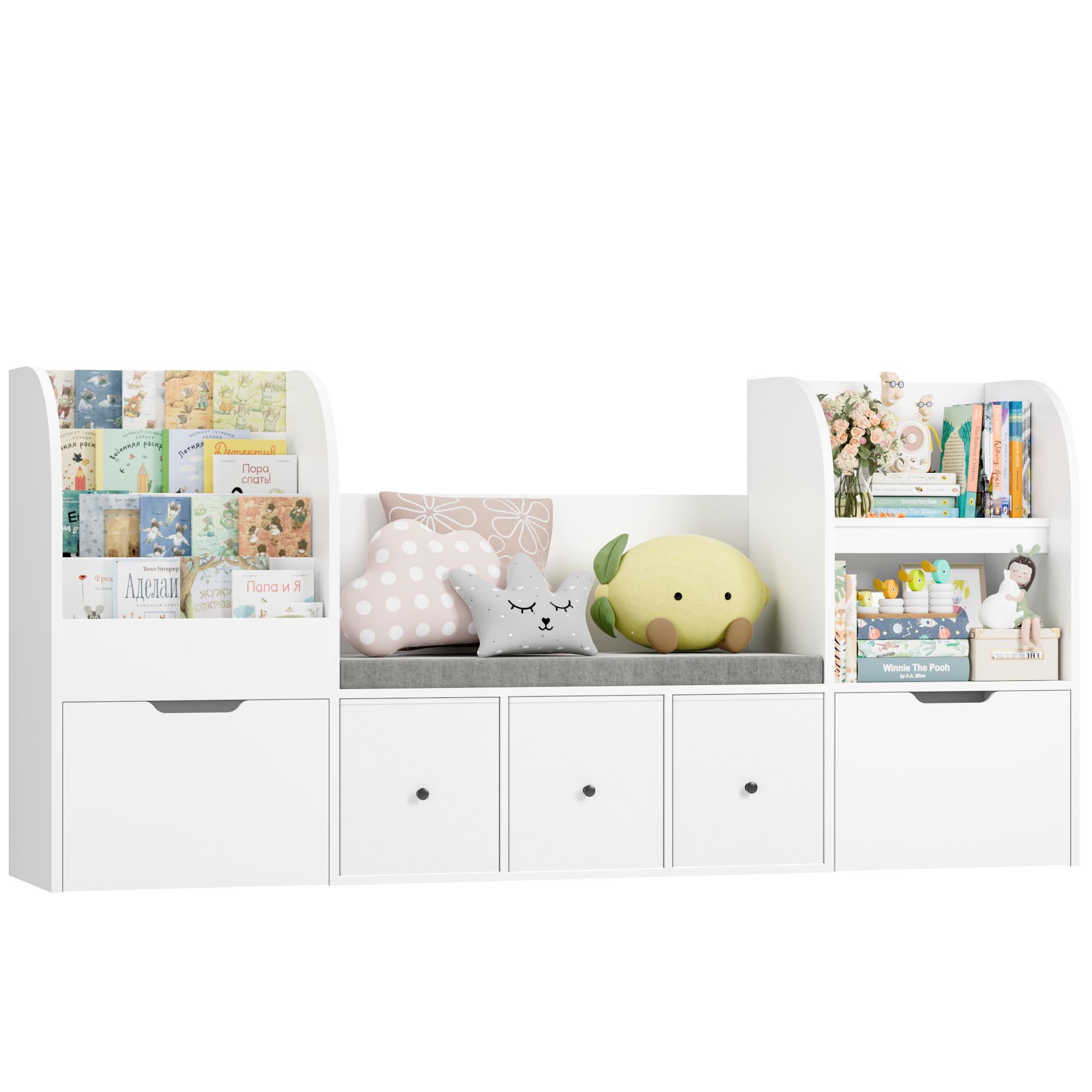 FOTOSOK 71” Kids Bookshelf with Reading Nook, Toy Storage Organizer with Seat Cushion and 2 Movable Drawers & 3 Toy Chests, Kids Reading Nook Toy Organizers and Storage with Bench for Playroom