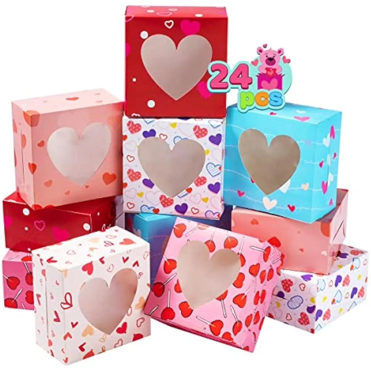 24 Pcs Valentines Day Bakery Treat Boxes, Valentines Cupcake Boxes, Cookie Boxes with Window for Holiday Pastries, Doughnut, Cookie, Cupcakes, Brownies, Truffles Gift Giving