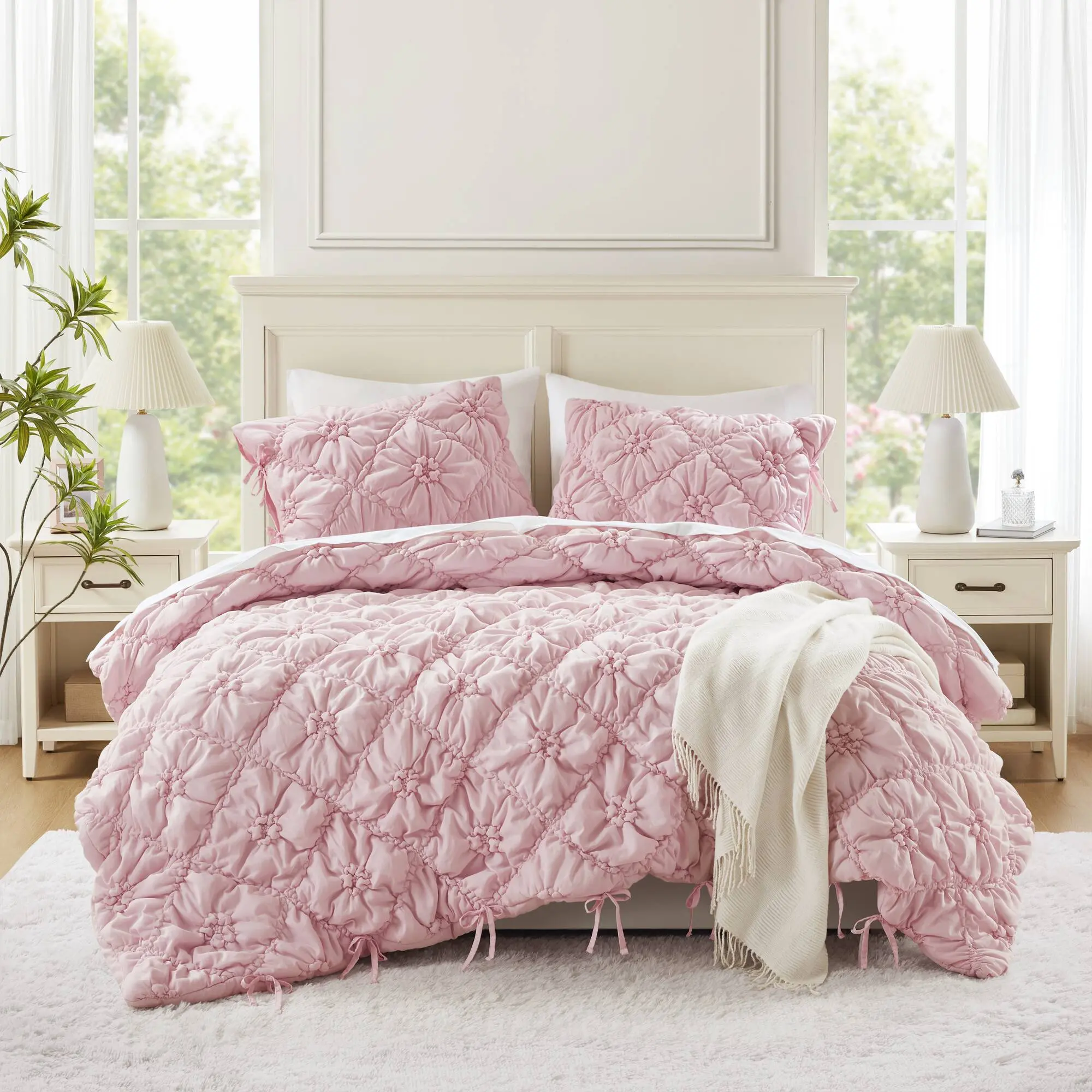 Brushed Fiber Embellished Puff Quilt Set Pack - King Size Bed Set, Floral Shabby Chic Boho Bedding, Ultra-Soft, Lightweight, Breathable, Embroidered All-Season Comforter, Floral Bedding Sets, Aesthetic Bedding Sets