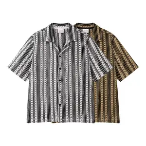 Men's Vintage Textured Knit Camp Collar Shirt – Short Sleeve Top with Retro Geometric Striped Pattern. Perfect for summer casual looks, beach days, or weekend outings, combining nostalgic style with breathable comfort.
