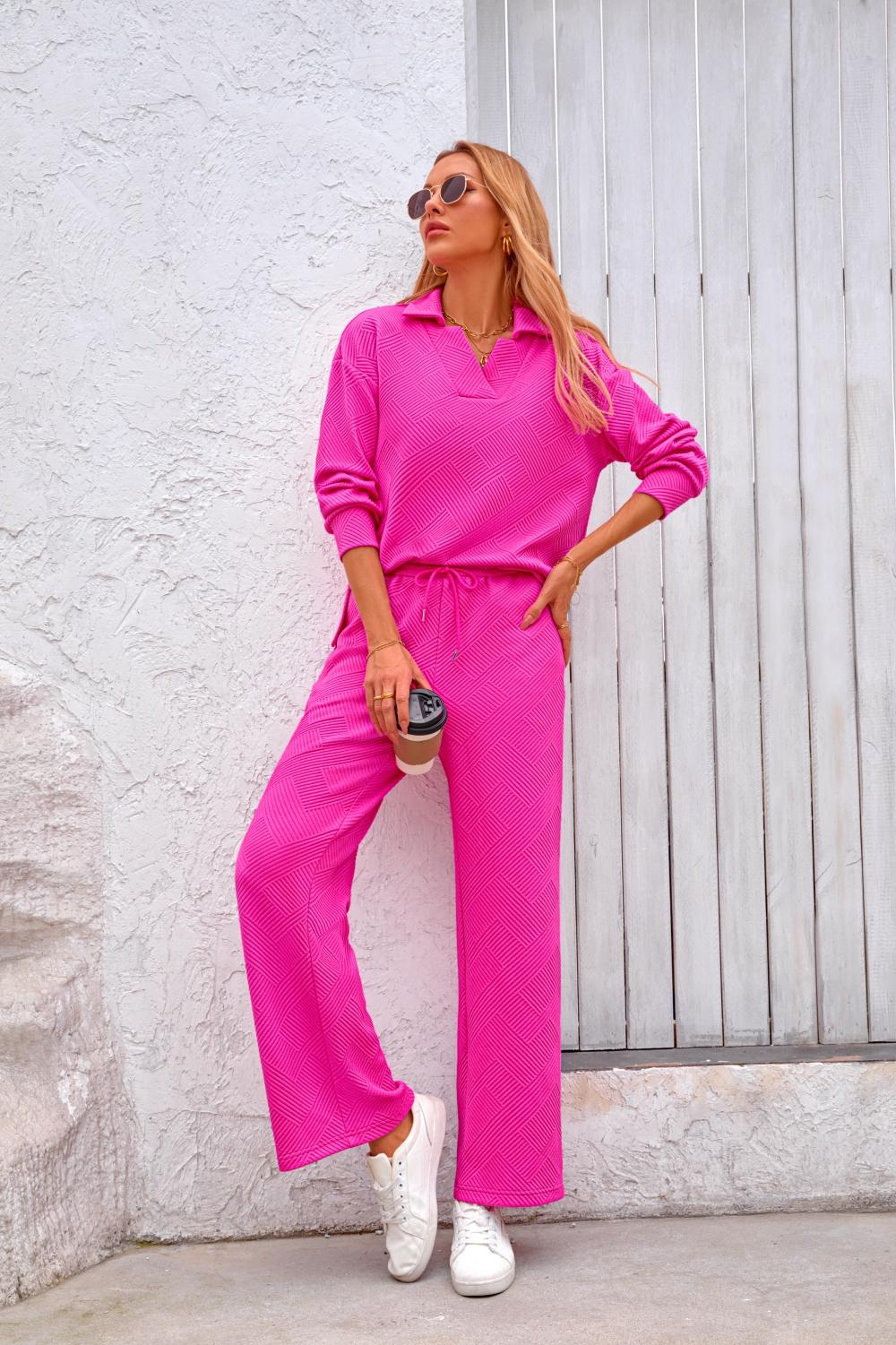 BTFBM Women 2-Piece Outfit 2026 Fall Winter Lapel V Neck Long Sleeve Pullover and Wide Leg Pants Lounge Sets Pockets #Clearance