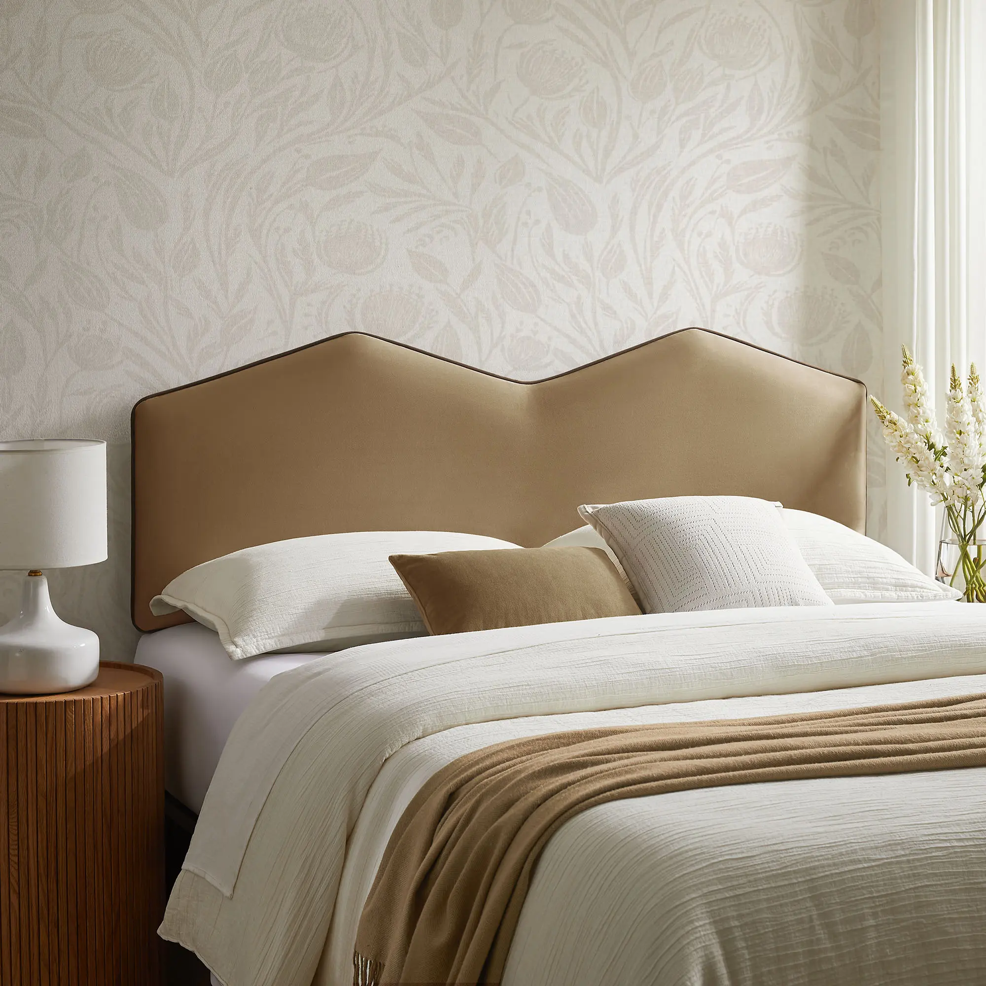 Modway Cosette Full-Size Adjustable Fabric-Upholstered Peak Shape Headboard - Taupe Performance Velvet Wrap, High-Density Foam Padding, Wood Blend Frame, Modern Home Decor