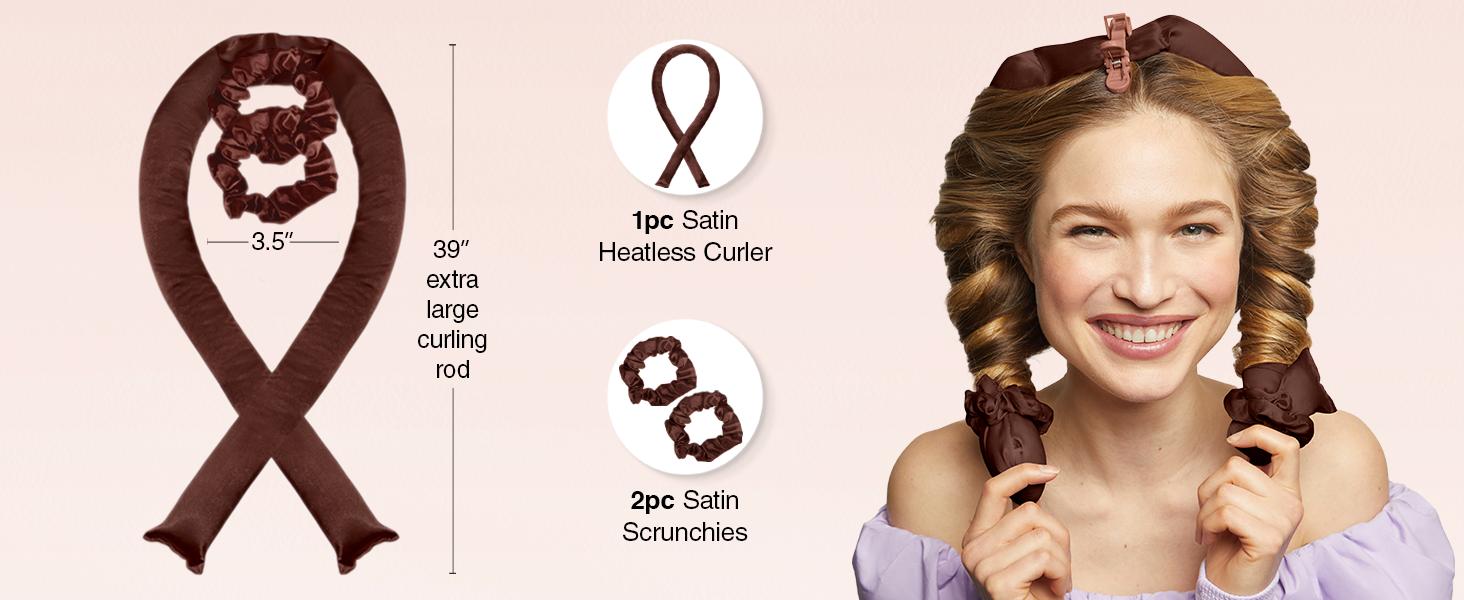 Kitsch Satin XL Jumbo Hair Rollers for Overnight Curls - Heatless Curling Set With Headband and Soft Rollers, Heat Free Curls, Frizz-Free, Chocolate