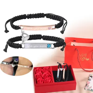 Personalized Couples Bracelets, Matching Bracelets for Couples, Adjustable Heart Charm Love Braid Bracelet, Fashion Couples Bracelet Long Distance Jewelry Gift for Men Women