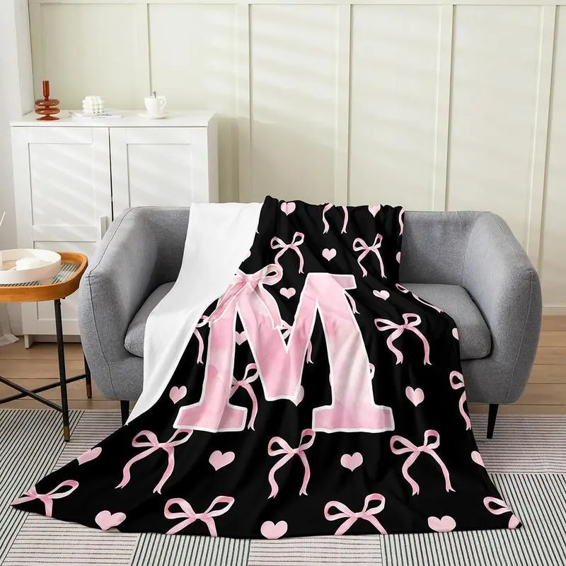 Initial Letter A-Z Flannel Blanket Throw for Girls, Black Pink Alphabet Flannel Blanket, Monogrammed Gifts for Daughter Women Teen Girls,Customized Blanket for Bedding Bedroom Office,multiple Size, Personalized Flannel Blanket, Bedroom Decor, Soft Lightwe