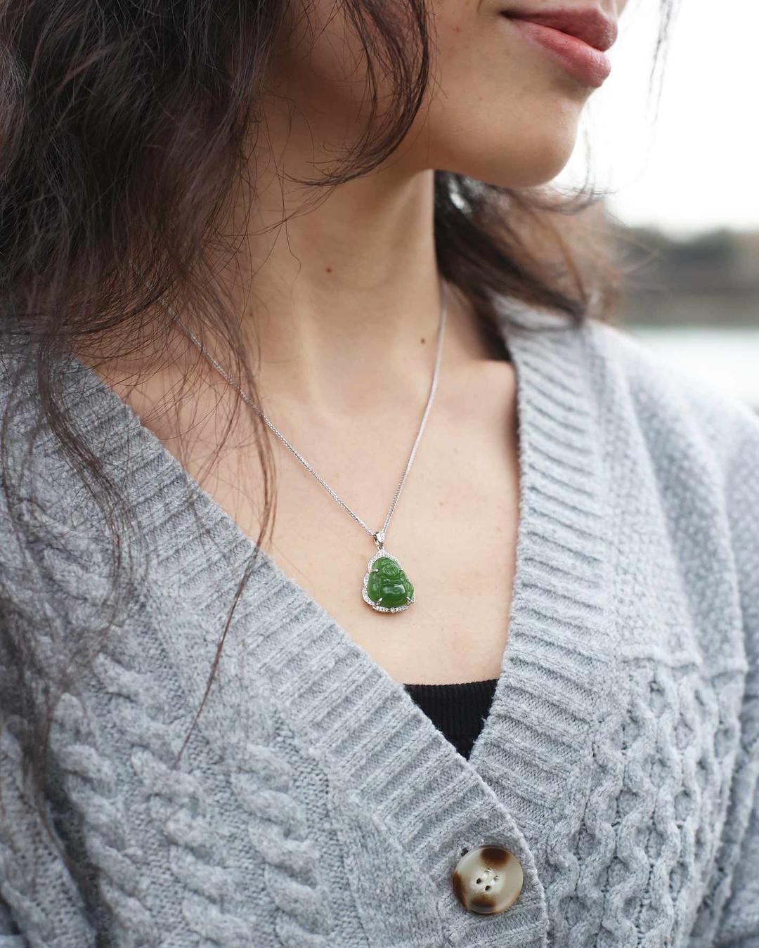 RealJade Co. Natural Green Nephrite Jade Buddha Necklace In Sterling Silver With Moissanites Auspicious