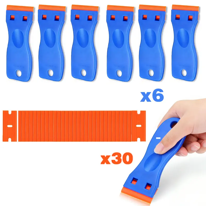 1Set Plastic Razor Blade Scraper Tool, 6 Pcs Razor Scraper with 30 Pcs Plastic Blades, Cleaning Scraper Remover for Removal Floor Stove Scraping Labels and Decals Sticker on Car Window Glass, Package ,Resistant, Thumbs, Safety, Lightweight Plastic Handle