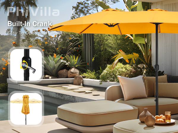 [12 New Colors] PHI VILLA 15ft Patio Umbrella with Base, Double-Sided Outdoor Market Extra Large Umbrella with Crank, Umbrella Base Included, LED Solar Lights