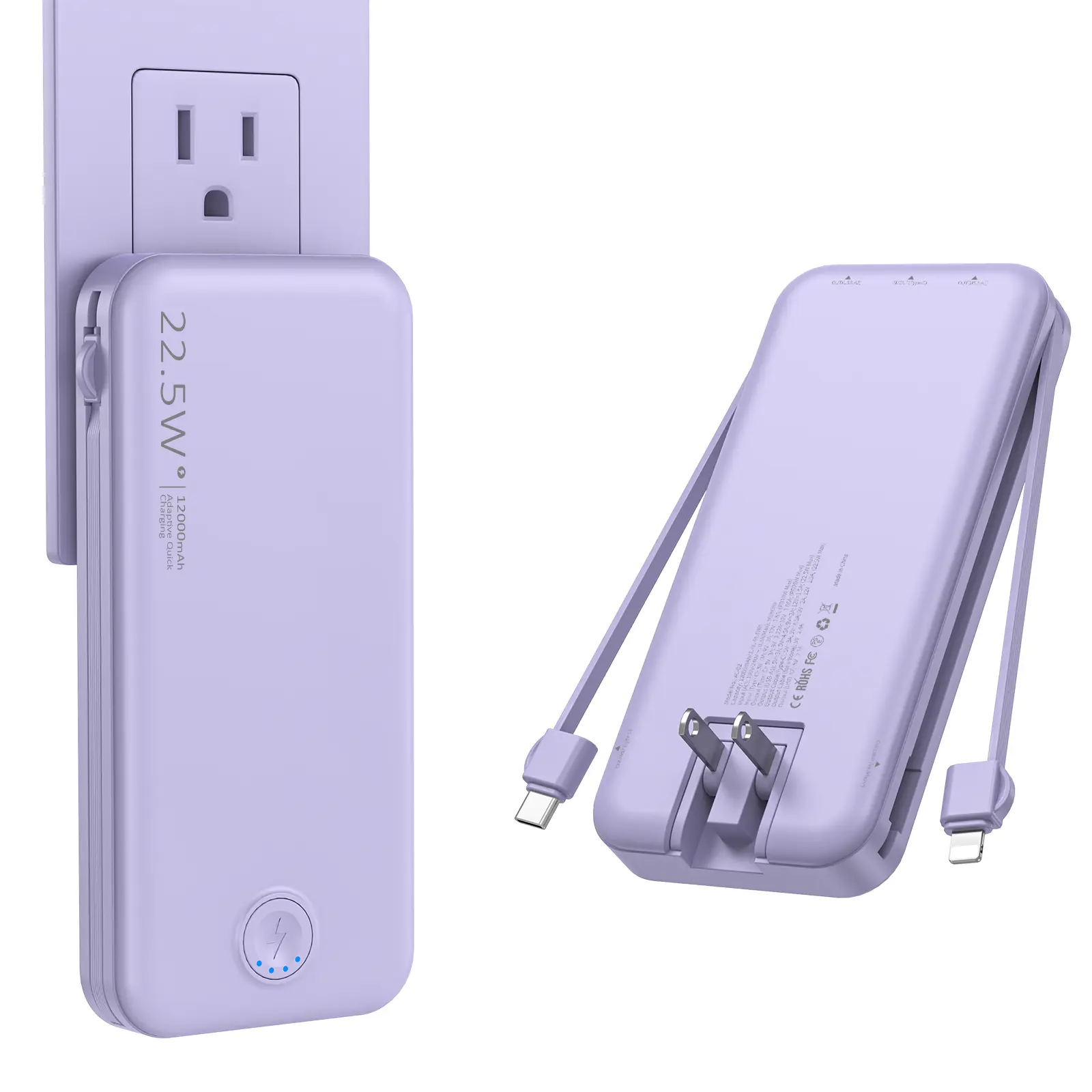 12000mAh Large Cap Compact Portable Power Bank for Smartphones, International Travel - Built-in Cables, Built-in Wall Charger, Folded Plug, Slim Fast Charging USB-C Mobile Power Bank for EDC Gear