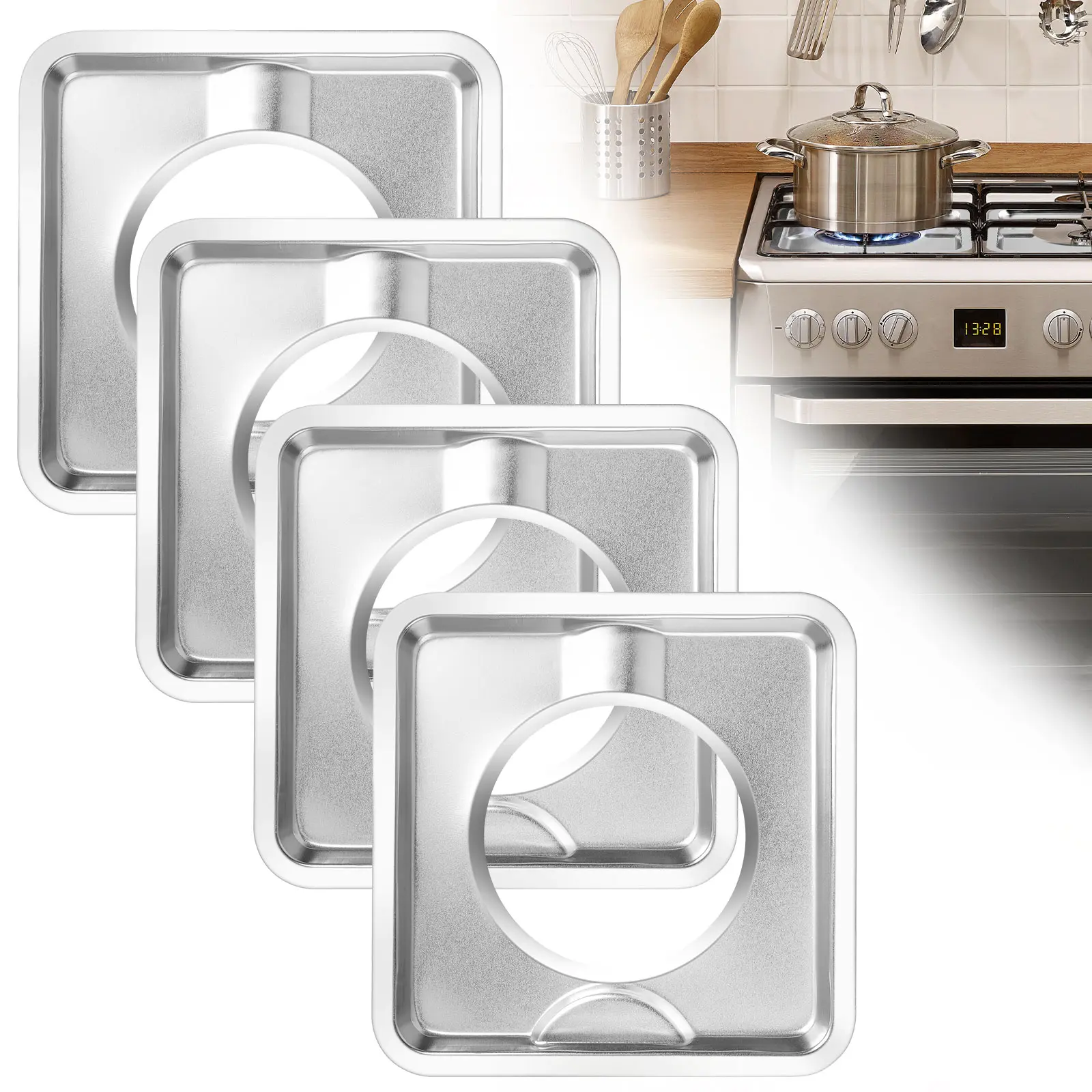 4Pcs Stainless Stove Burner Covers - Washable Square Gas Stove Base,Heat-Resistant Drip Tray,Non-Stick Drip Pan Protectors,Easy Clean Stove Top Accessories
