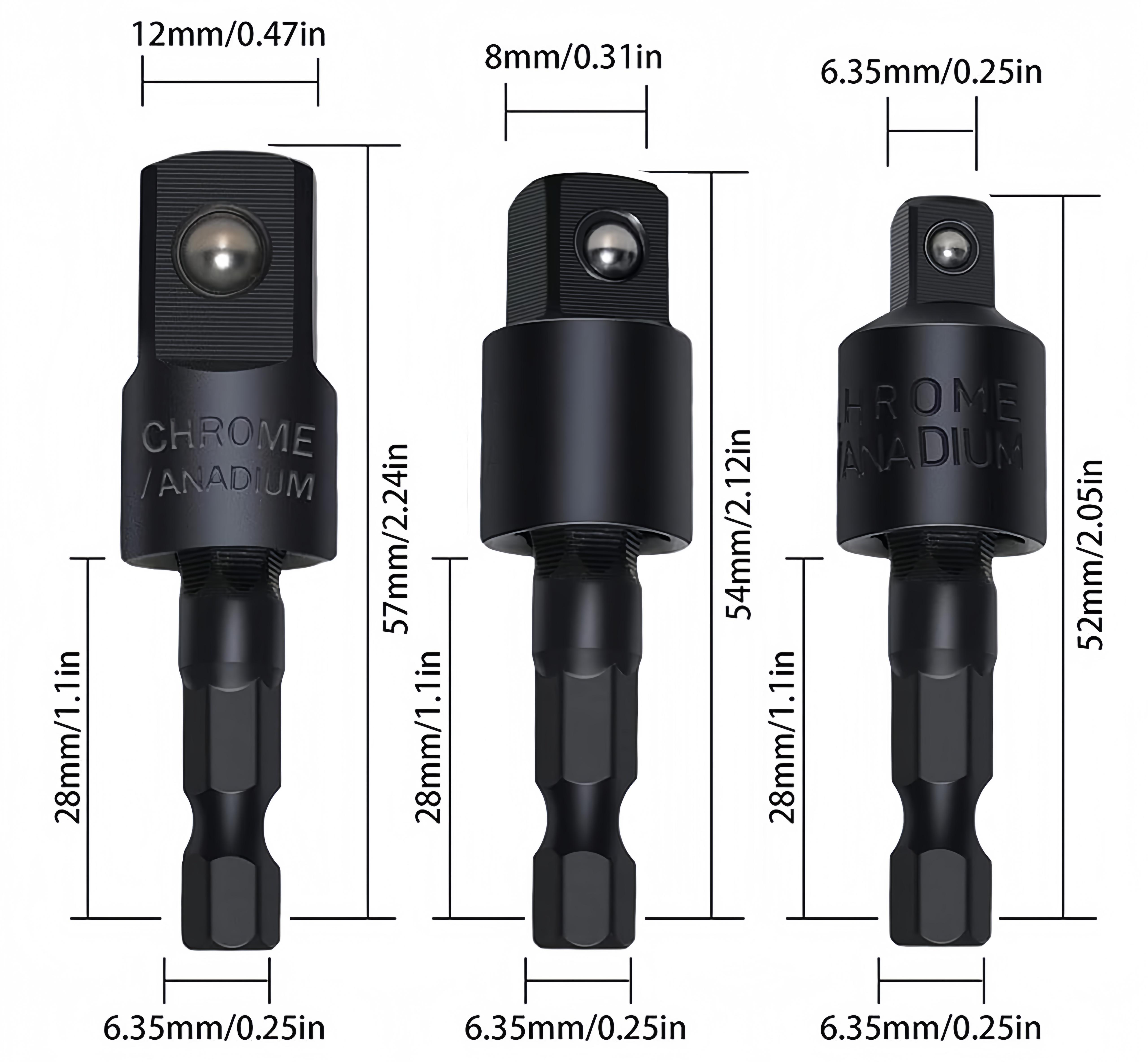 Right-Angle Drill Bit Accessory Set(6pcs), Including 3x 360° Rotatable 1/4", 3/8" & 1/2" Impact-Grade Socket Adapters, 2x 105° Hex Shank Angle Adapters & 90° Right-Angle Drill Bit, Heavy-Duty Tool Kit