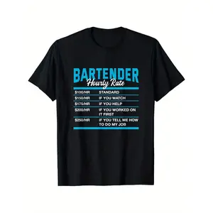 Men's Casual Short Sleeve Streetwear Menswear Top - Funny Bartender Humor Mixologist Graphic Tee with $100-$250/hr Hourly Rate Chart, Soft Breathable Bar Party Apparel Gift, Black with Blue Text Design, Regular Fit