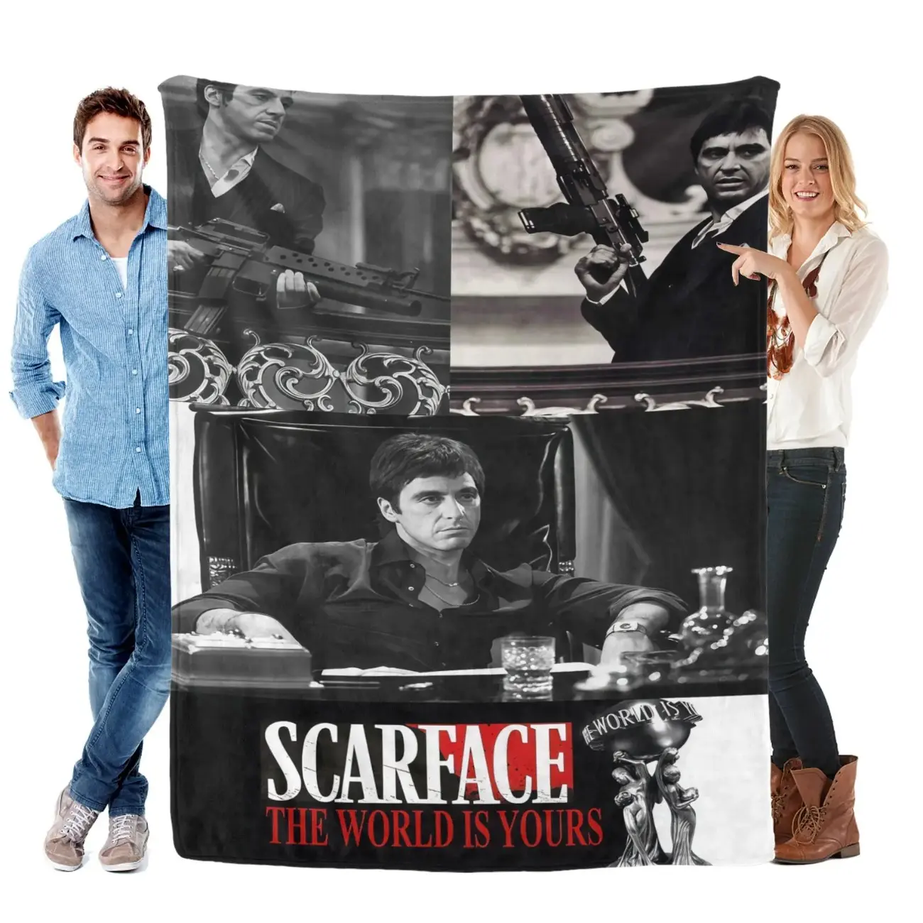 Scarface The World Is Yours Slogan Flannel Throw Blanket - Warm Soft for Home Bedroom, Travel, Ideal Blanket Gifts for Boys, Throw Blankets