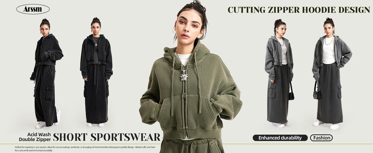 Arssm Women’s Cropped Zip-Up Hoodie – Acid Wash Double Zipper Short Sweatshirt for Trendy Streetwear & Casual Fall Outfits