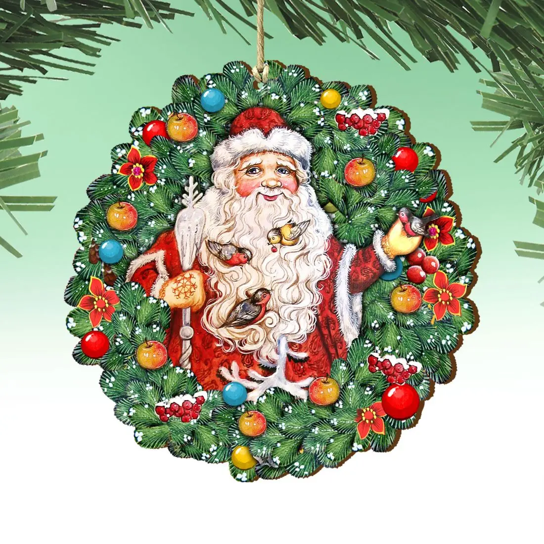 Designocracy 8185320-S2 5x5.5 in. Handmade UV-Coated Artistic Christmas Santa Wreath with Wooden Bird Ornaments - Set of 2, Indoor-Outdoor Festive Home Decor, Holiday Gift Bag Supply