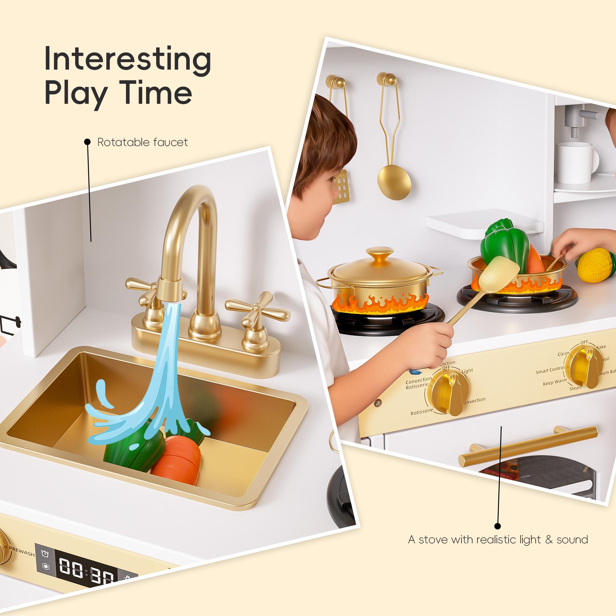 Play Kitchen for Kids Pretend Play Kitchen with 21 Pcs Toys Wooden Play Kitchen Set for Ages 3+ White & Gold